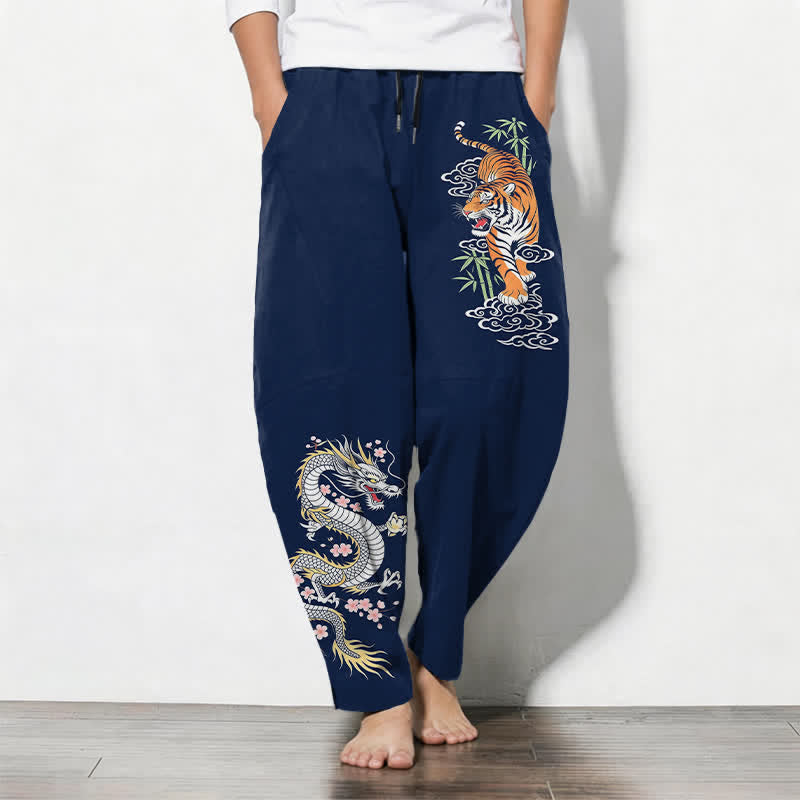 Buddha Stones Pantaloni da uomo affusolati con coulisse e tasche, in puro cotone, con stampa tigre e drago. - Marina - US/UK/AU50, EU60 (5XL) - image 7