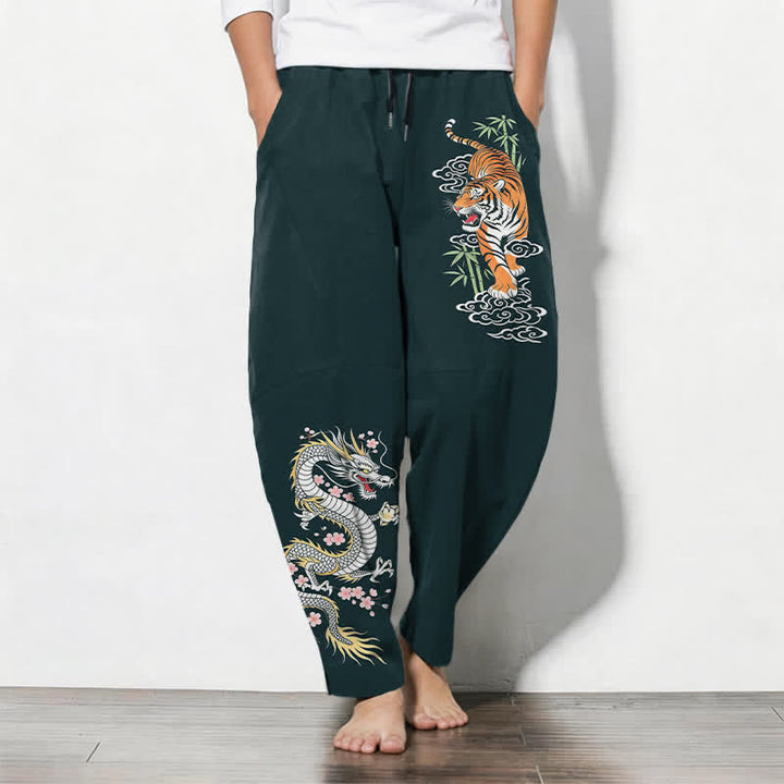 Buddha Stones Pantaloni da uomo affusolati con coulisse e tasche, in puro cotone, con stampa tigre e drago. - Grigio ardesia scuro - US/UK/AU50, EU60 (5XL) - image 11