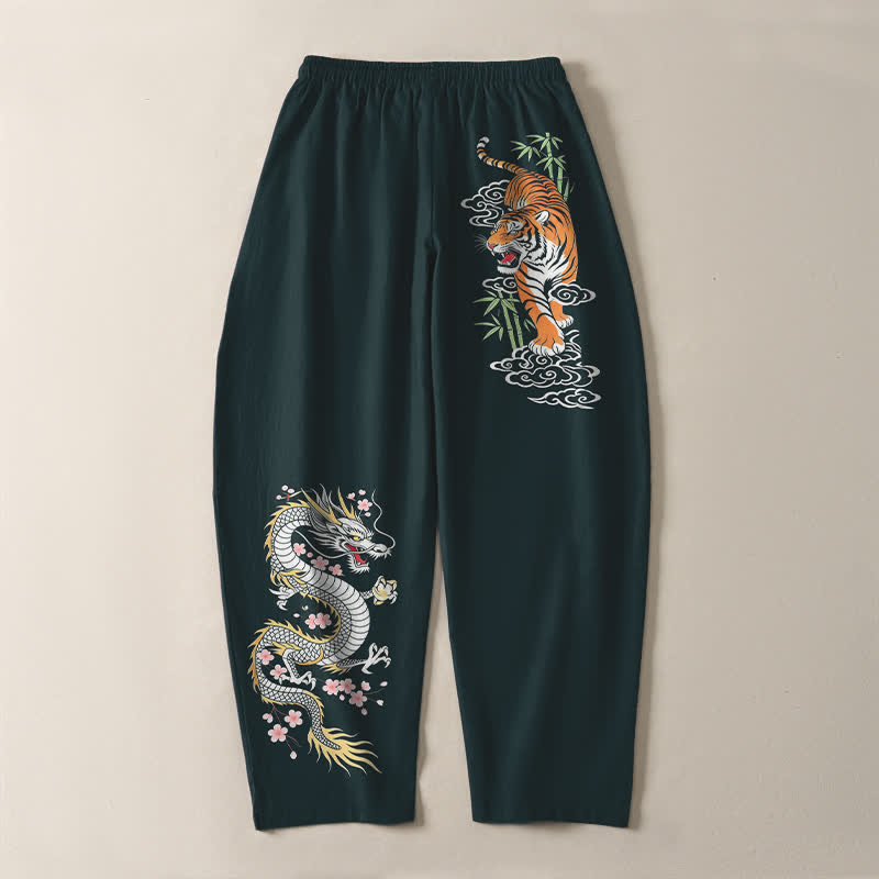Buddha Stones Pantaloni da uomo affusolati con coulisse e tasche, in puro cotone, con stampa tigre e drago. - image 14