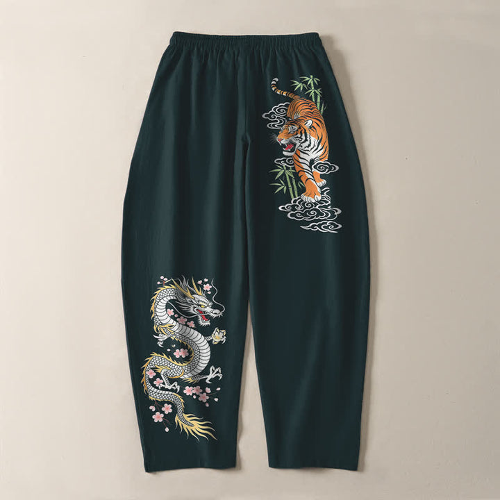 Buddha Stones Pantaloni da uomo affusolati con coulisse e tasche, in puro cotone, con stampa tigre e drago. - image 14