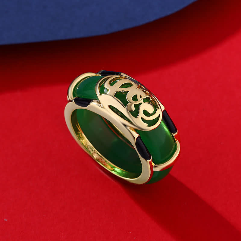 Buddha Stones Anello vintage in giada verde con motivo del personaggio Fu - Anello di giada verde - US11 (20,6 mm) - image 0
