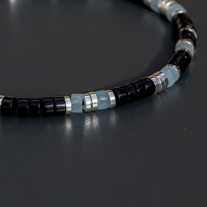 Buddha Stones Bracciale elastico protettivo con perline in onice nera e calcedonio blu - image 3
