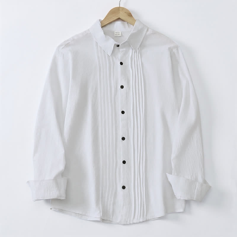 Buddha Stones Camicia da uomo a maniche lunghe, tinta unita, minimalista, con pieghe e bottoni, ideale per la primavera. - image 3