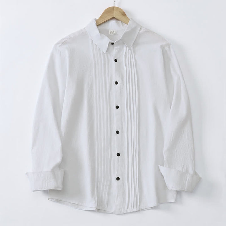 Buddha Stones Camicia da uomo a maniche lunghe, tinta unita, minimalista, con pieghe e bottoni, ideale per la primavera. - image 3