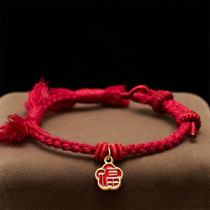 Buddha Stones Braccialetto portafortuna con fiore e scritta "Fu Character" con cordino rosso - image 3