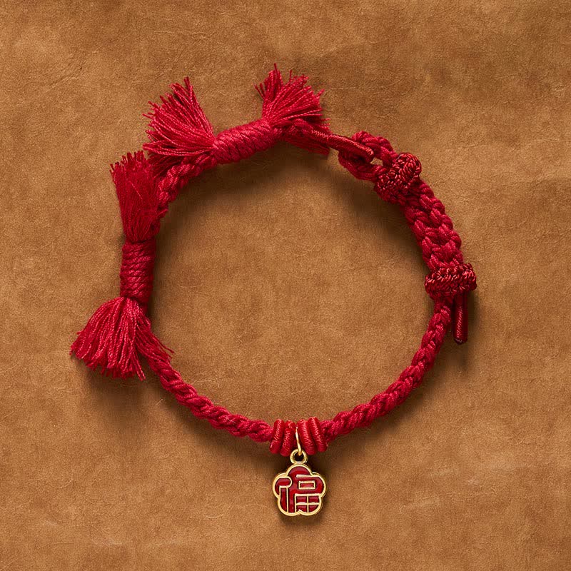 Buddha Stones Braccialetto portafortuna con fiore e scritta "Fu Character" con cordino rosso - image 1