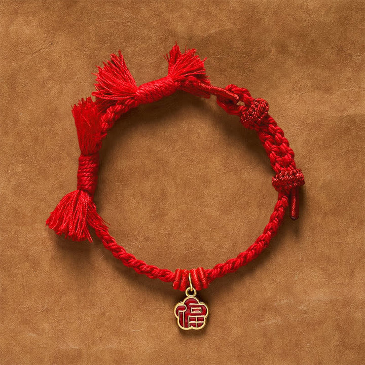 Buddha Stones Braccialetto portafortuna con fiore e scritta "Fu Character" con cordino rosso - Filo rosso - image 9