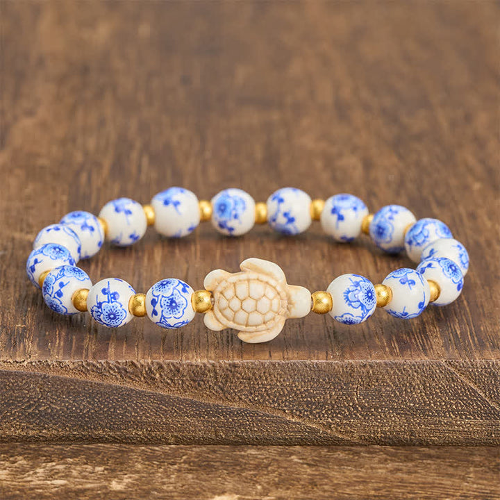 Buddha Stones Braccialetto in porcellana blu e bianca a forma di tartaruga, simbolo di purezza e longevità - image 2