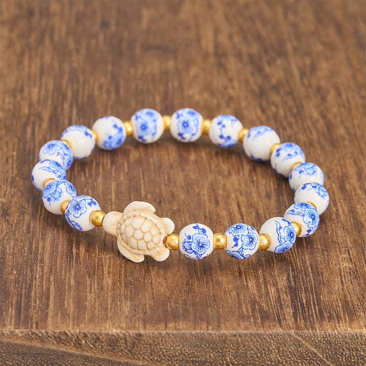 Buddha Stones Braccialetto in porcellana blu e bianca a forma di tartaruga, simbolo di purezza e longevità - image 3