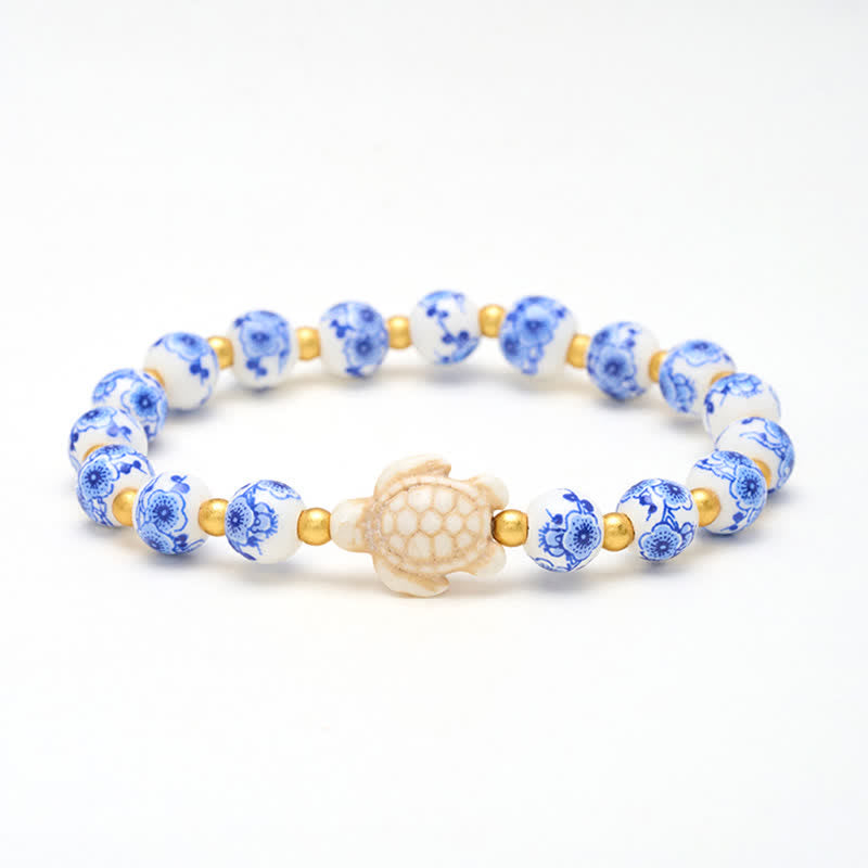 Buddha Stones Braccialetto in porcellana blu e bianca a forma di tartaruga, simbolo di purezza e longevità - Tartaruga (Saggezza ♥ Resistenza) - image 0
