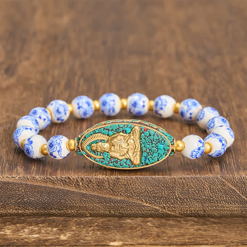 Buddha Stones Bracciale Serenity con Buddha in porcellana bianca e perline rotonde a motivi floreali blu - Porcellana bianca (Purezza ♥ Eleganza) - image 0