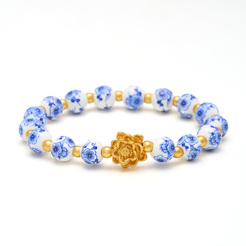 Buddha Stones Bracciale con perline rotonde a forma di loto in porcellana bianca, simbolo dell'illuminazione - image 8