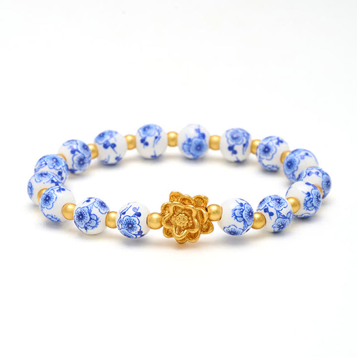 Buddha Stones Bracciale con perline rotonde a forma di loto in porcellana bianca, simbolo dell'illuminazione - image 8