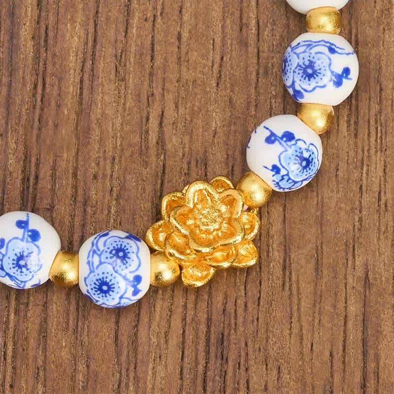 Buddha Stones Bracciale con perline rotonde a forma di loto in porcellana bianca, simbolo dell'illuminazione - image 4
