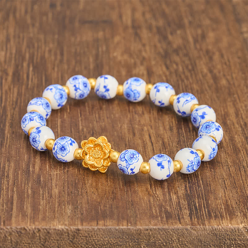 Buddha Stones Bracciale con perline rotonde a forma di loto in porcellana bianca, simbolo dell'illuminazione - image 2