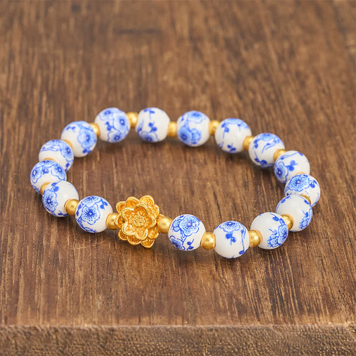 Buddha Stones Bracciale con perline rotonde a forma di loto in porcellana bianca, simbolo dell'illuminazione - image 2