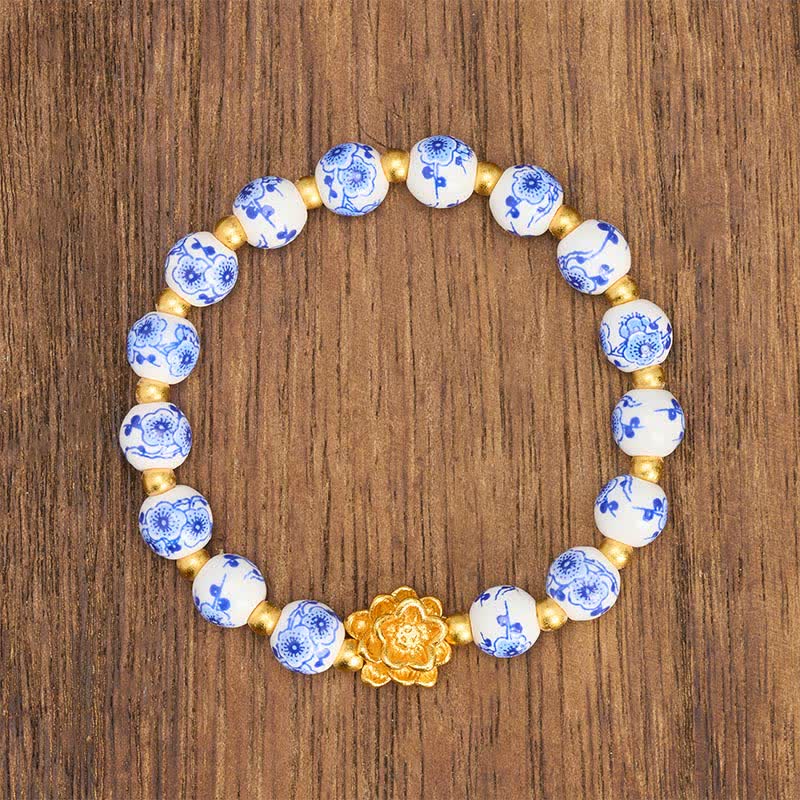 Buddha Stones Bracciale con perline rotonde a forma di loto in porcellana bianca, simbolo dell'illuminazione - image 1