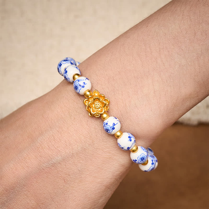 Buddha Stones Bracciale con perline rotonde a forma di loto in porcellana bianca, simbolo dell'illuminazione - image 3