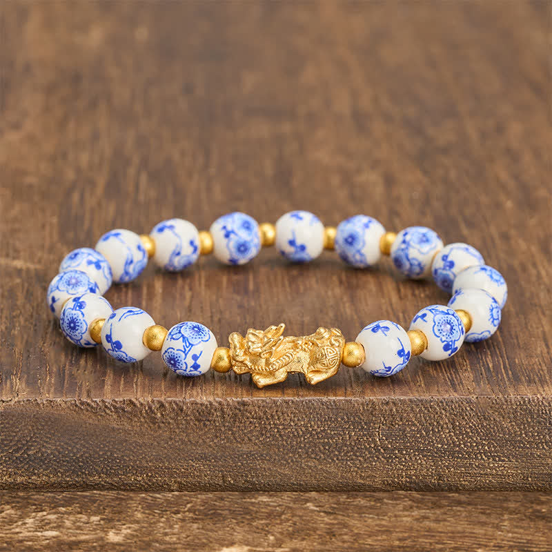 Buddha Stones Braccialetto portafortuna con perline floreali blu PiXiu in porcellana bianca. - Porcellana bianca (Purezza ♥ Eleganza) - image 0
