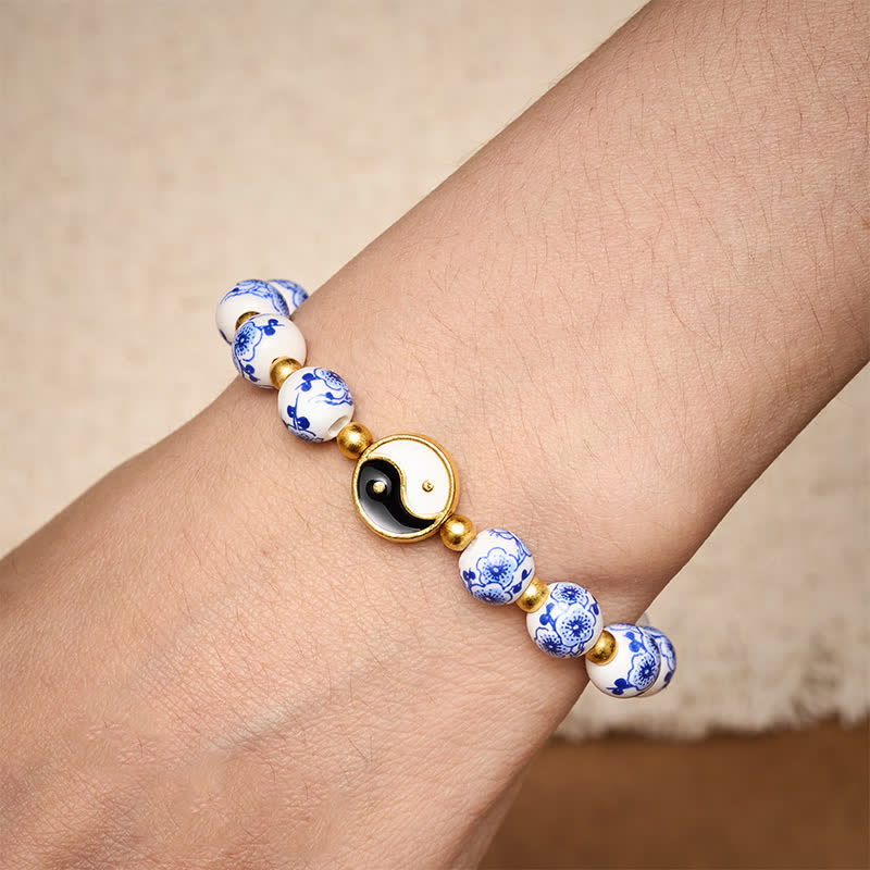 Buddha Stones Elegante bracciale in porcellana blu e bianca con simbolo Yin Yang e bilancia. - image 3
