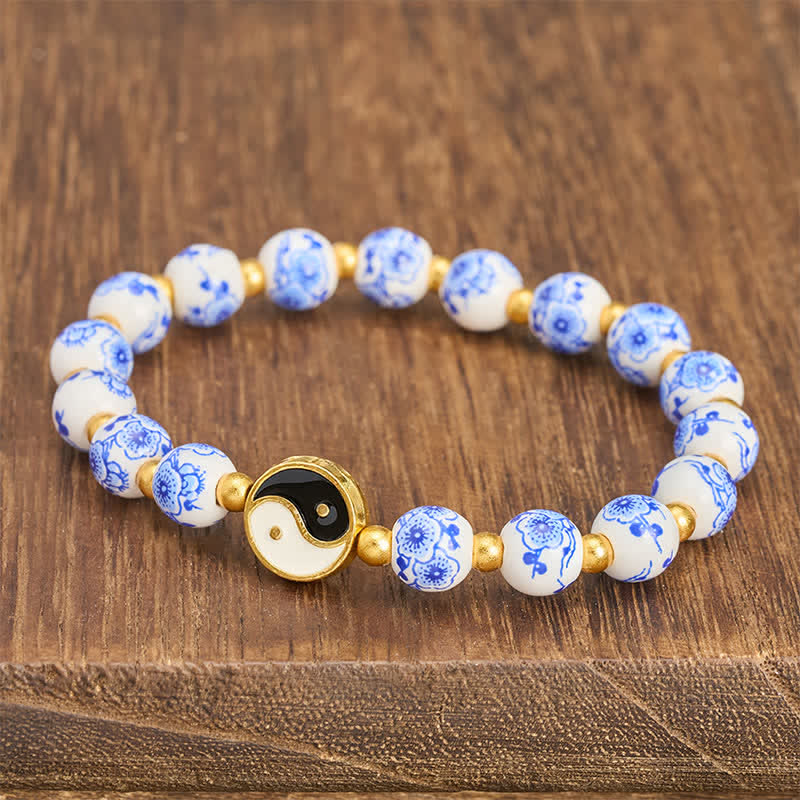 Buddha Stones Elegante bracciale in porcellana blu e bianca con simbolo Yin Yang e bilancia. - image 2