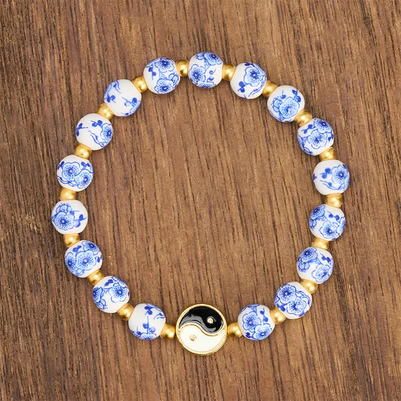 Buddha Stones Elegante bracciale in porcellana blu e bianca con simbolo Yin Yang e bilancia. - image 1