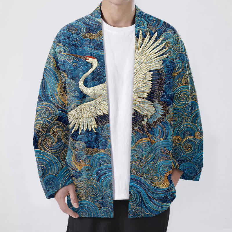 Buddha Stones Kimono da uomo con apertura frontale, modello Cotton Crane con motivo a onde fluide. - Blu reale - US/UK/AU48, EU58 (4XL) - image 0