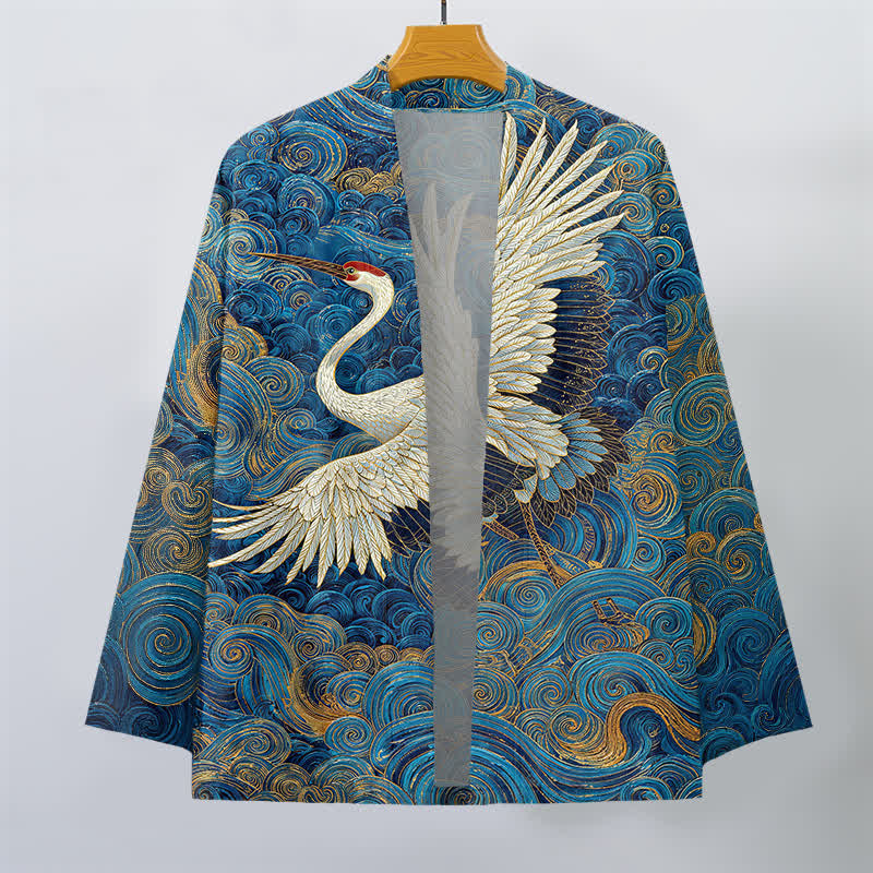 Buddha Stones Kimono da uomo con apertura frontale, modello Cotton Crane con motivo a onde fluide. - image 1