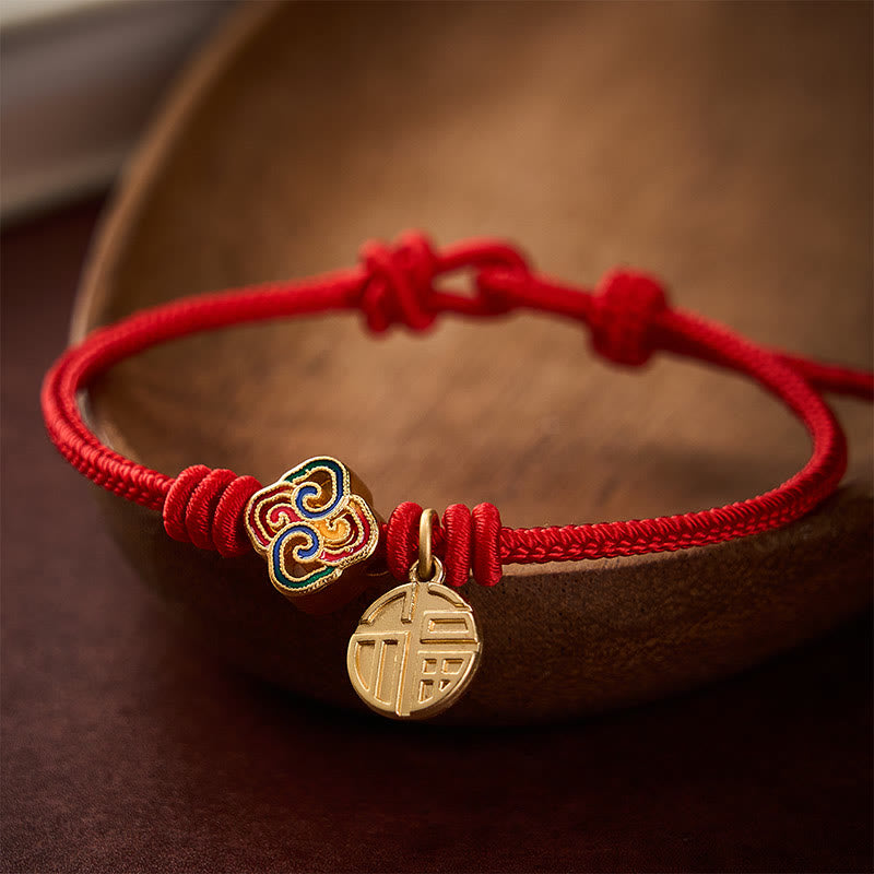 Buddha Stones Braccialetto portafortuna intrecciato a mano con cordino rosso e carattere Fu in rame, con motivo annodato cinese. - Rosso (Circonferenza del polso: 6,7–7,5 pollici/17-19 cm) - image 0