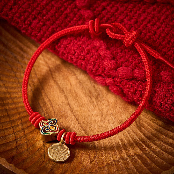 Buddha Stones Braccialetto portafortuna intrecciato a mano con cordino rosso e carattere Fu in rame, con motivo annodato cinese. - image 3