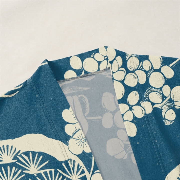 Buddha Stones Kimono da uomo con apertura frontale, in cotone, con motivo a fiori di pino e prugno. - image 3