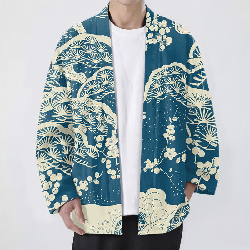 Buddha Stones Kimono da uomo con apertura frontale, in cotone, con motivo a fiori di pino e prugno. - Verde acqua - US/UK/AU48, EU58 (4XL) - image 0