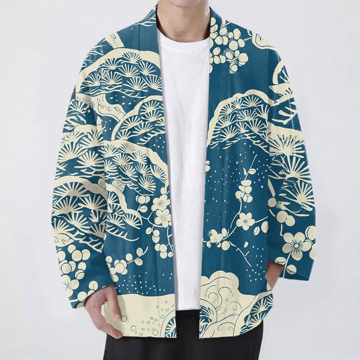 Buddha Stones Kimono da uomo con apertura frontale, in cotone, con motivo a fiori di pino e prugno. - Verde acqua - US/UK/AU48, EU58 (4XL) - image 0