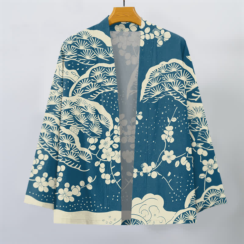 Buddha Stones Kimono da uomo con apertura frontale, in cotone, con motivo a fiori di pino e prugno. - image 1