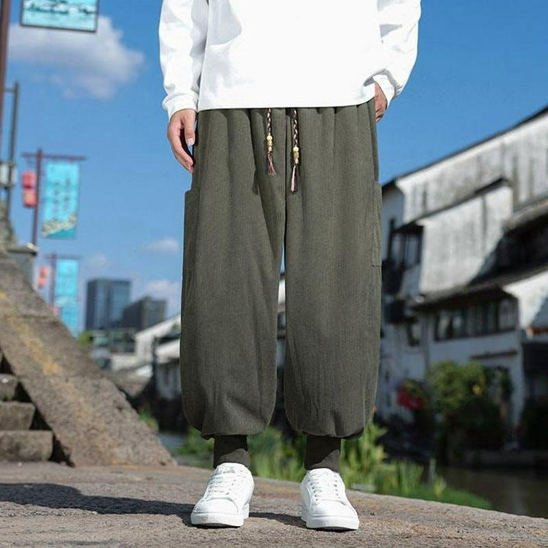 Buddha Stones Pantaloni casual autunno/inverno con coulisse e tasche applicate, pantaloni alla caviglia da uomo affusolati con tasca - image 1