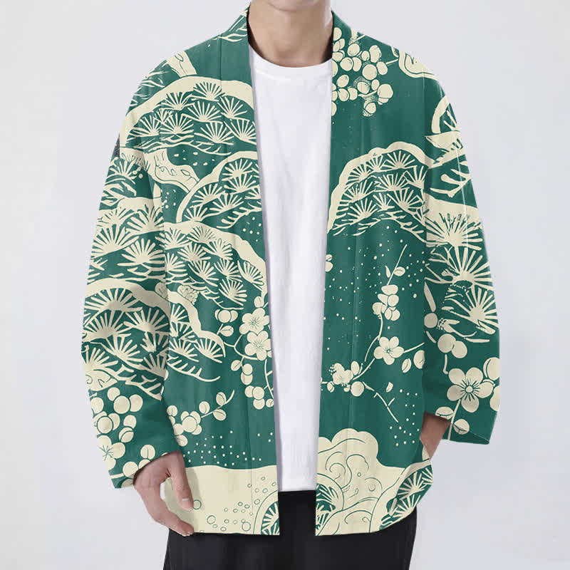 Buddha Stones Kimono da uomo con apertura frontale, in cotone, con motivo a fiori di pino e prugno. - Verde mare - US/UK/AU48, EU58 (4XL) - image 6