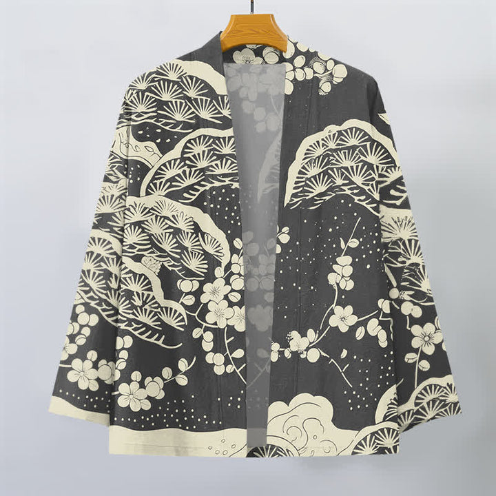 Buddha Stones Kimono da uomo con apertura frontale, in cotone, con motivo a fiori di pino e prugno. - image 10