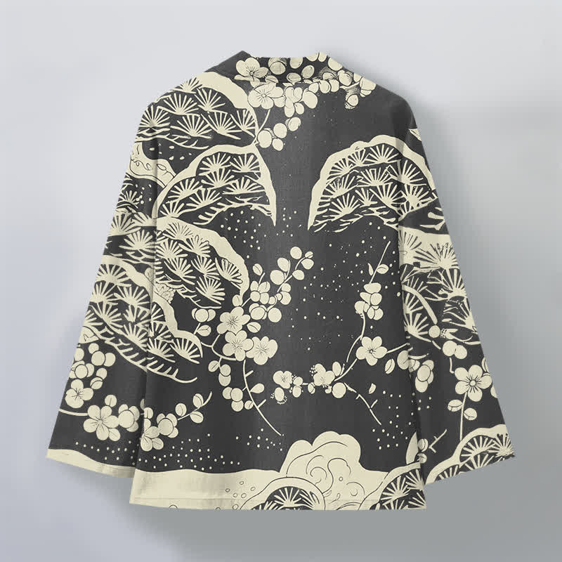 Buddha Stones Kimono da uomo con apertura frontale, in cotone, con motivo a fiori di pino e prugno. - image 11