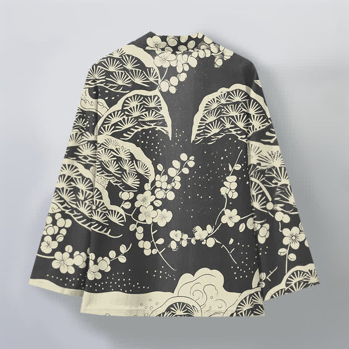 Buddha Stones Kimono da uomo con apertura frontale, in cotone, con motivo a fiori di pino e prugno. - image 11