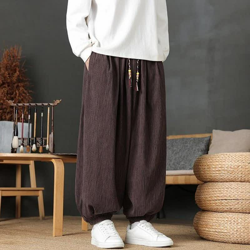 Buddha Stones Pantaloni lunghi da uomo autunnali casual vintage con coulisse, modello harem con tasca - image 1
