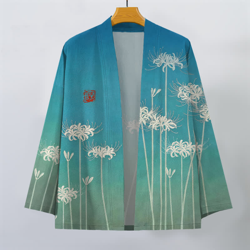 Buddha Stones Kimono da uomo in cotone bianco con motivo a giglio ragno e apertura frontale. - image 1
