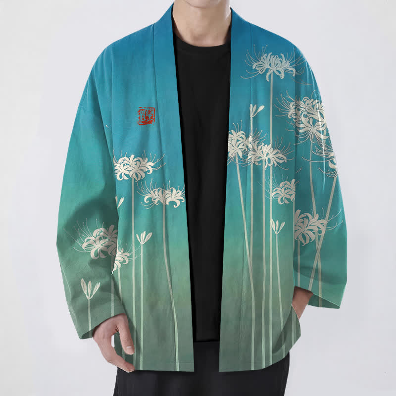 Buddha Stones Kimono da uomo in cotone bianco con motivo a giglio ragno e apertura frontale. - Turchese medio - US/UK/AU48, EU58 (4XL) - image 0