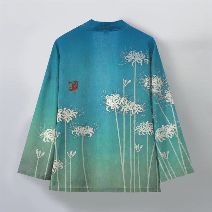 Buddha Stones Kimono da uomo in cotone bianco con motivo a giglio ragno e apertura frontale. - image 2