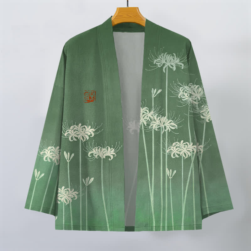 Buddha Stones Kimono da uomo in cotone bianco con motivo a giglio ragno e apertura frontale. - image 7