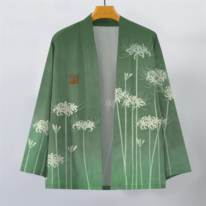 Buddha Stones Kimono da uomo in cotone bianco con motivo a giglio ragno e apertura frontale. - image 7