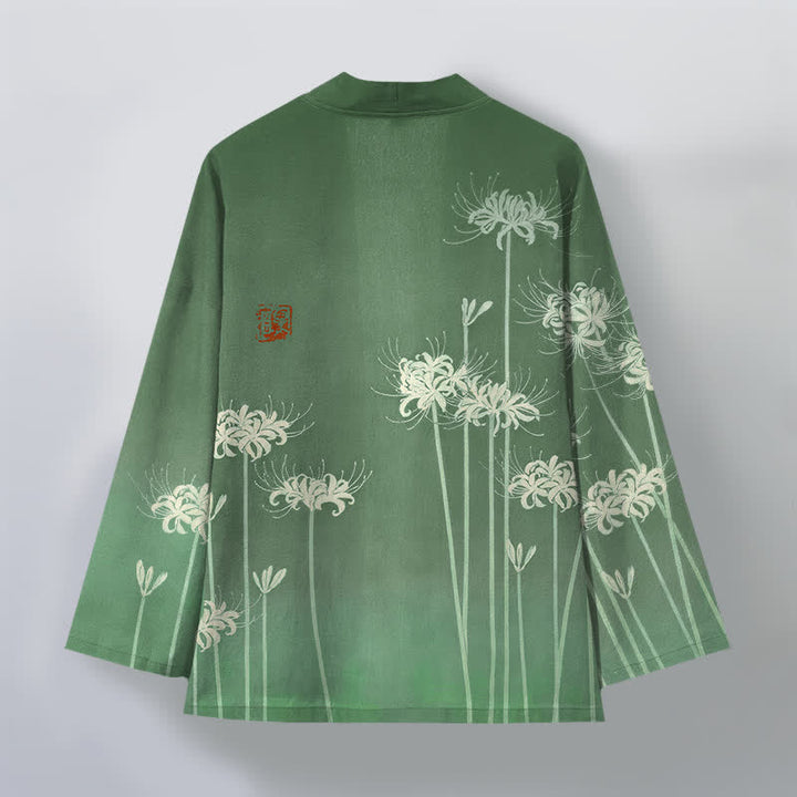 Buddha Stones Kimono da uomo in cotone bianco con motivo a giglio ragno e apertura frontale. - image 8