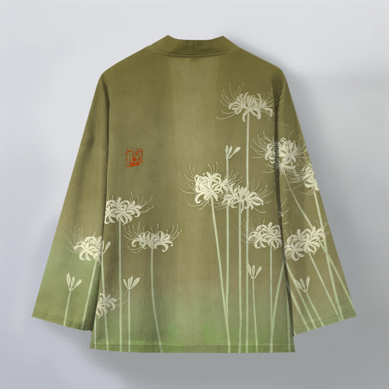 Buddha Stones Kimono da uomo in cotone bianco con motivo a giglio ragno e apertura frontale. - image 11