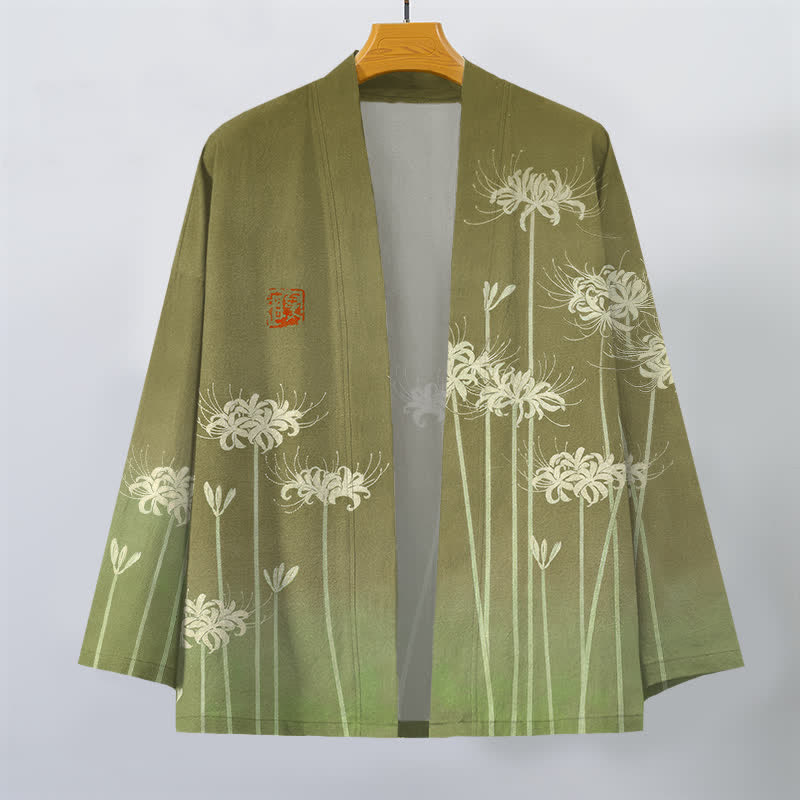 Buddha Stones Kimono da uomo in cotone bianco con motivo a giglio ragno e apertura frontale. - image 10
