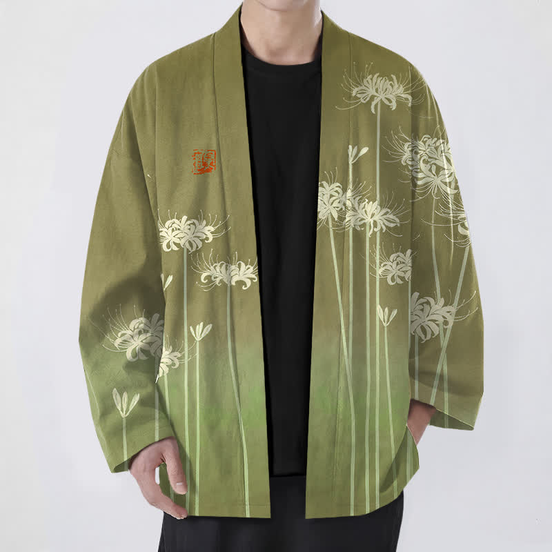Buddha Stones Kimono da uomo in cotone bianco con motivo a giglio ragno e apertura frontale. - Oliva - US/UK/AU48, EU58 (4XL) - image 9
