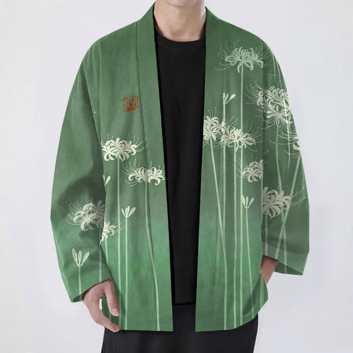 Buddha Stones Kimono da uomo in cotone bianco con motivo a giglio ragno e apertura frontale. - Verde studentesco - US/UK/AU48, EU58 (4XL) - image 6